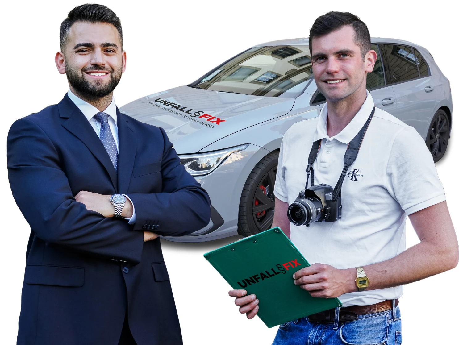 Anwalt und Gutachter vor UNFALL§FIX Fahrzeug